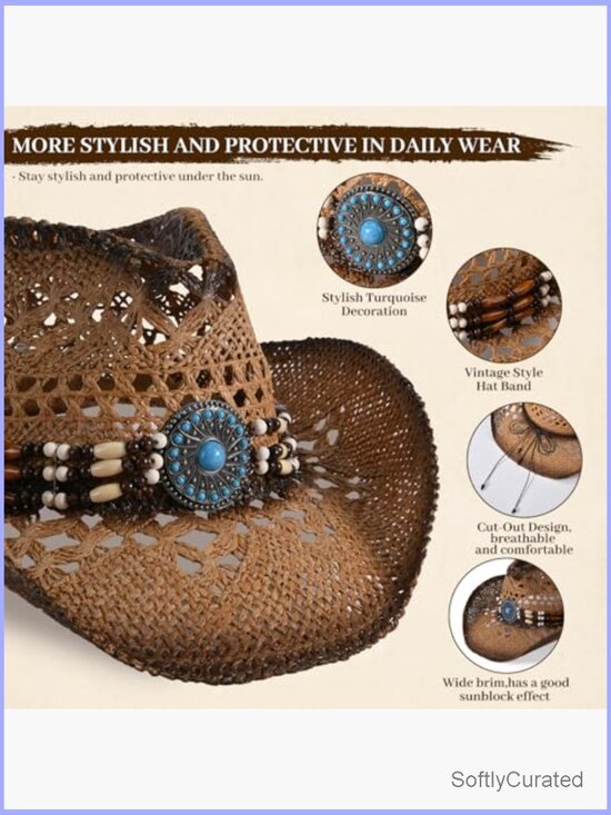 Straw Cowboy Hat with Turquoise Band Wide Brim Summer Hat main image 6